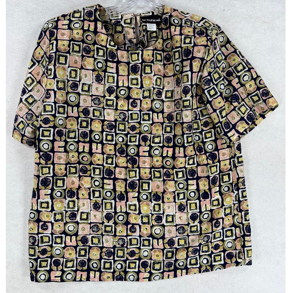 Notations Abstract Geometric Print Blouse Navy Pink Green Size 12 Vintage